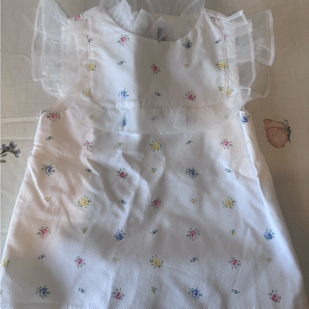 Janie And Jack White Floral Ruffle Dress With Pink, Blue, Yellow Flowers